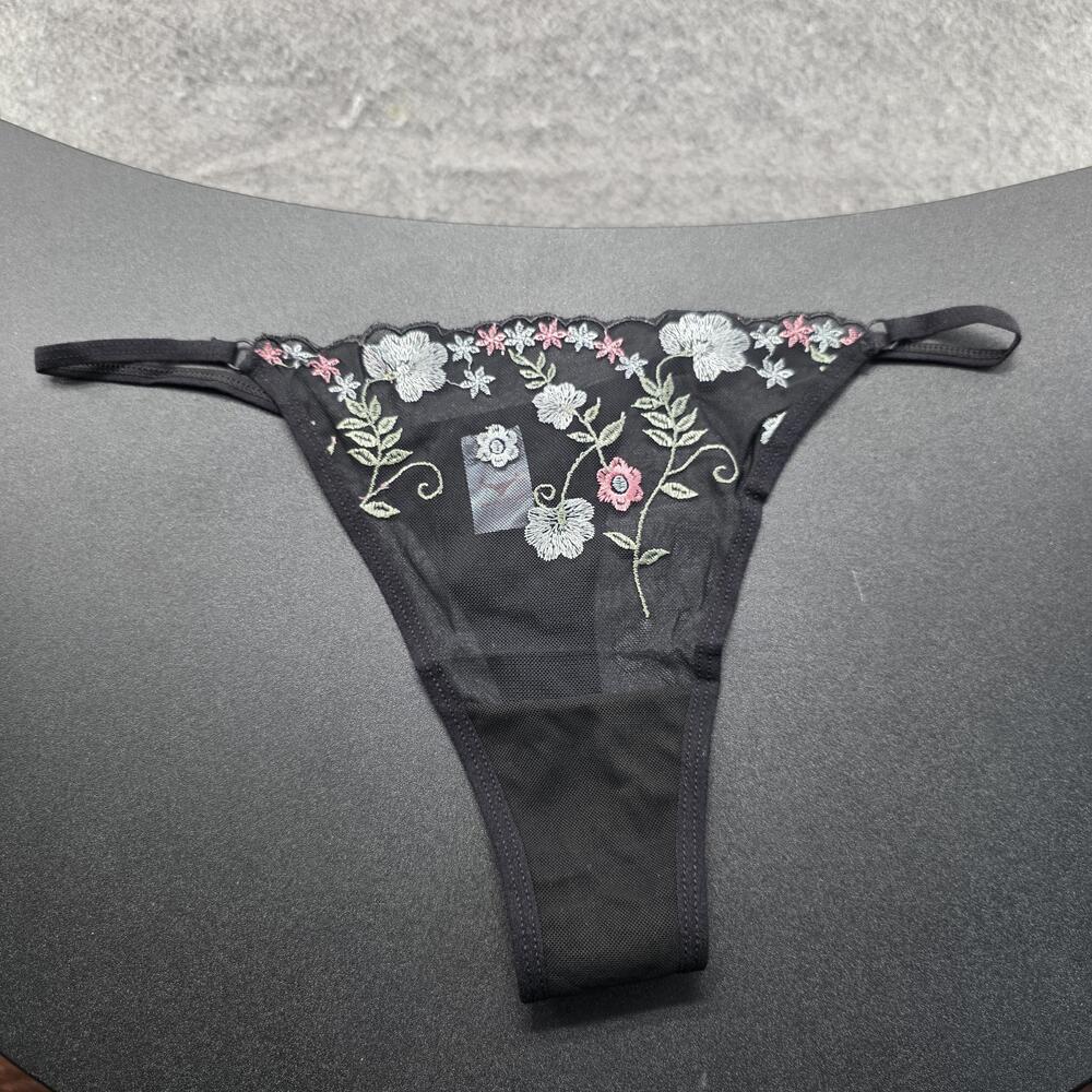 Knotty Knickers Panties Womens L Black Thong Sheer Mesh High Leg Embroidered